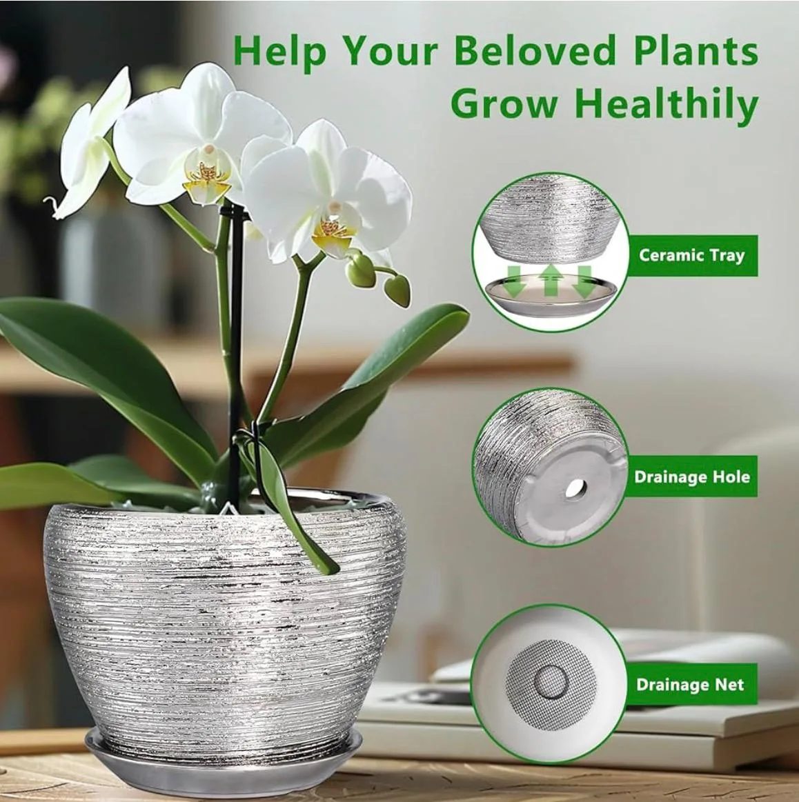 Silver Ceramic Plant Pot with Drainage Tray thumbnail