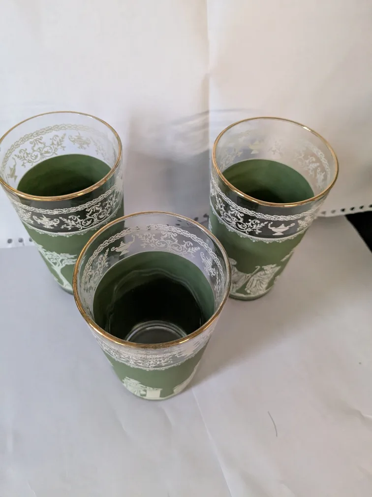 Vintage Green & White Greek Key Glasses thumbnail