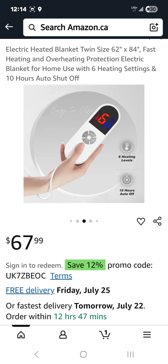 Electric Heated Blanket Twin Size 62" x 84" Gray image indicator(7)