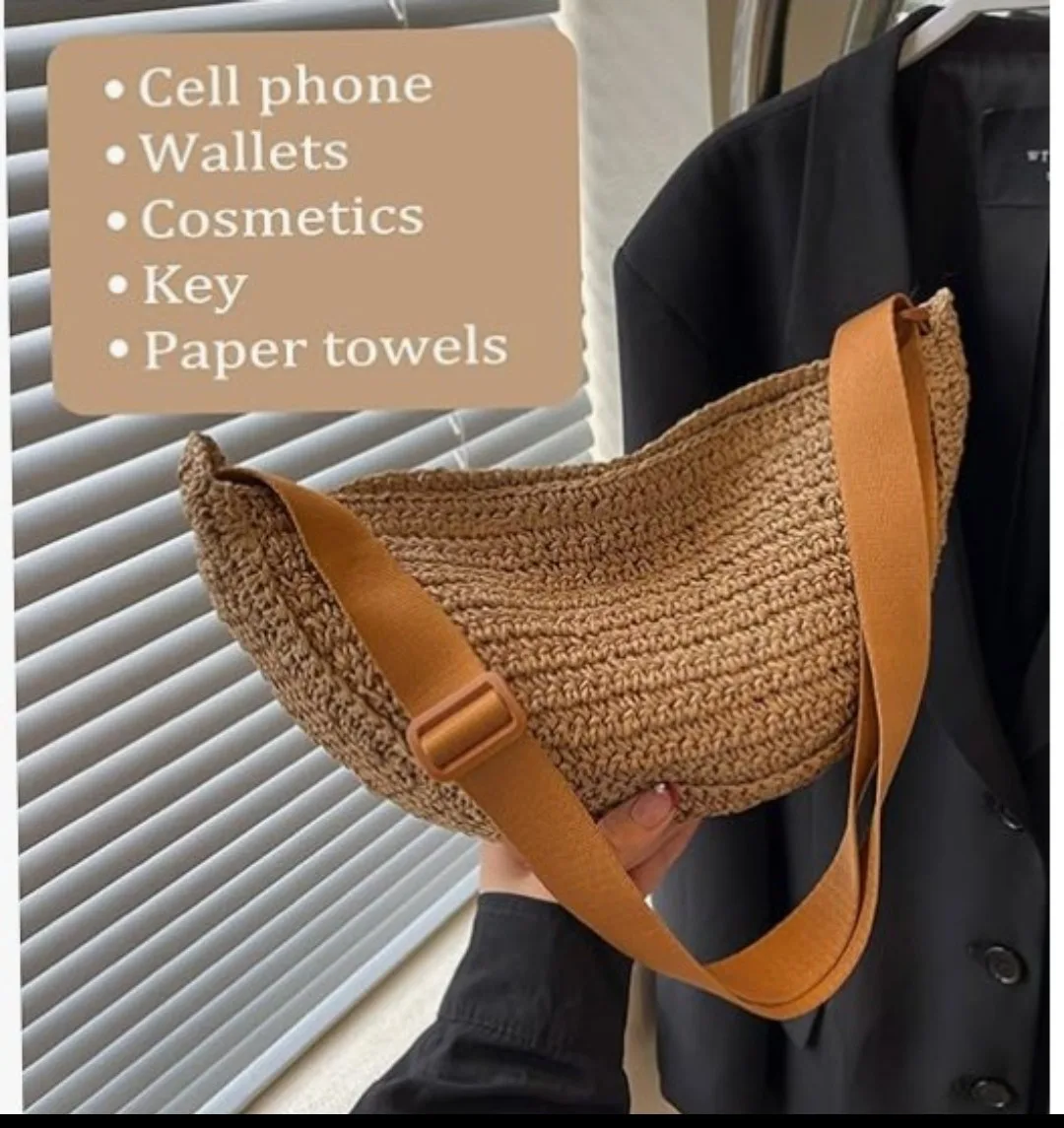 Straw Crossbody Bag, chic half moon bag with adjustable strap image indicator(2)