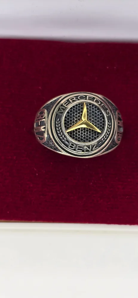 3D pure Silver Mercedes Benz Ring for Men, Size - 13 thumbnail