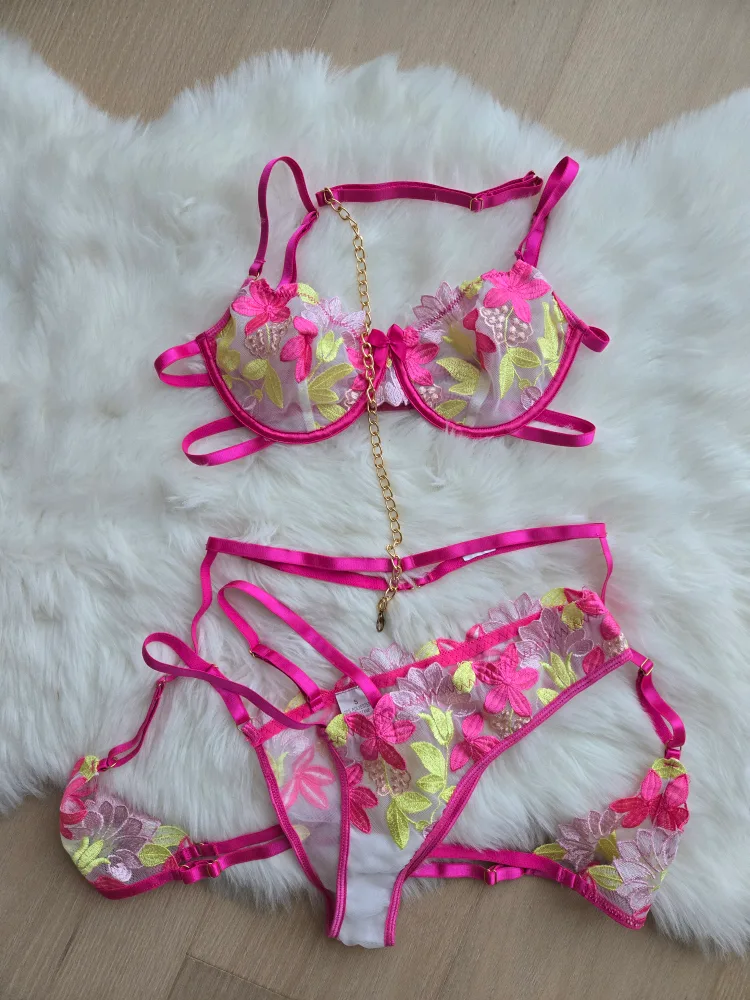 Floral Embroidered Lingerie 4 piece Set - Pink & Yellow thumbnail