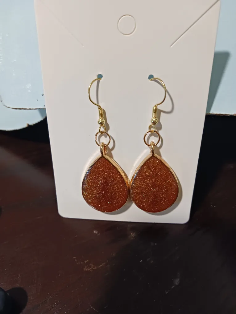 Teardrop Dangle Earrings - Red & Gold Resin
