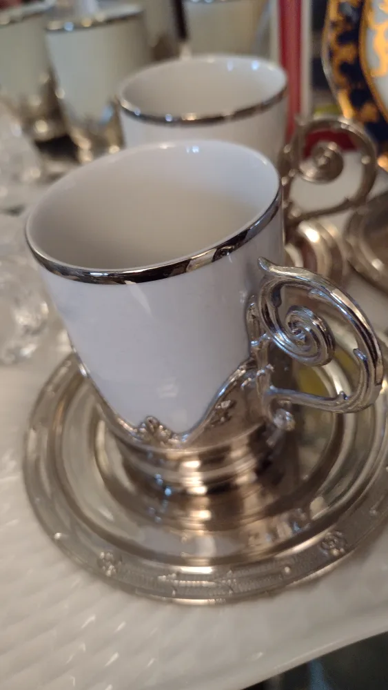 Elegant White & Silver Coffee Cup and Saucer Set thumbnail