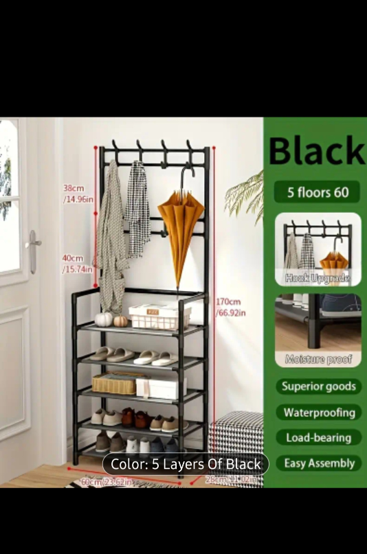 5-Tier Metal Shoe Rack with Coat Hooks - photo 3
