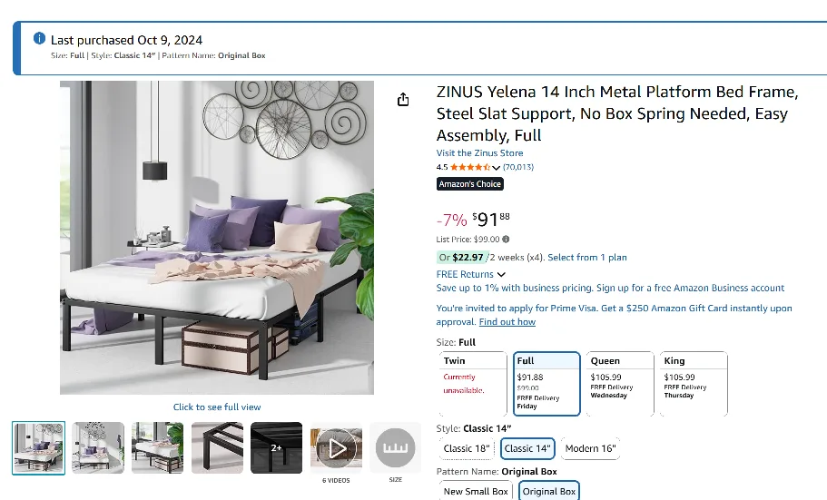 Zinus Yelena Full Size 14-Inch Metal Bed Frame thumbnail