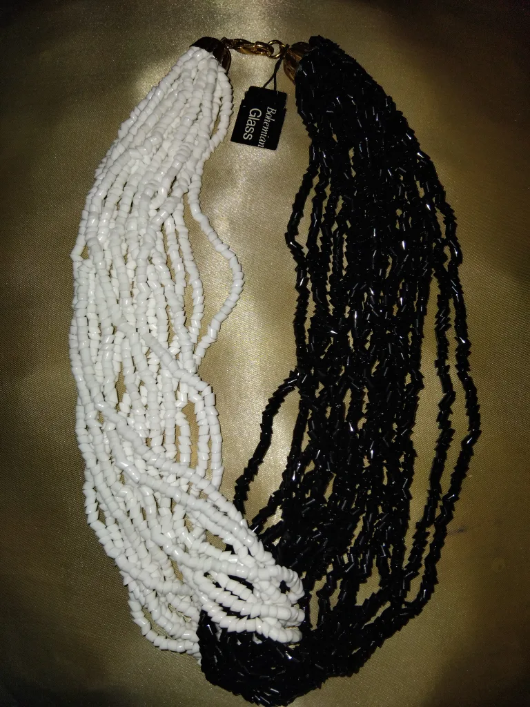 Bohemian Glass Beaded Necklace - Black & White thumbnail