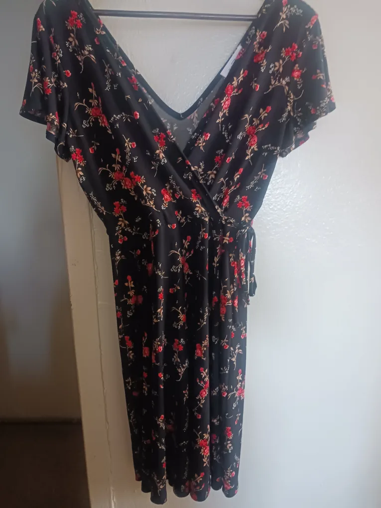 🥕🥕🥕Kaileigh Floral Wrap Dress - Black with Red Flowers thumbnail