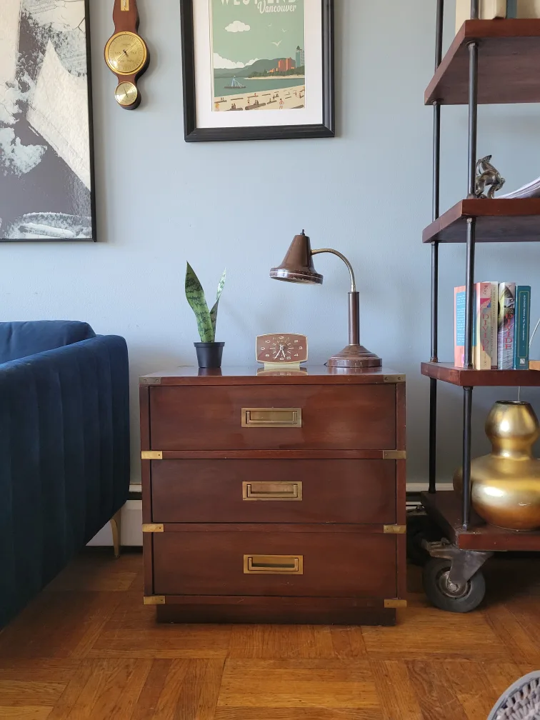 Vintage Campaign Design Solid Mahogany Gibbard Nightstand thumbnail