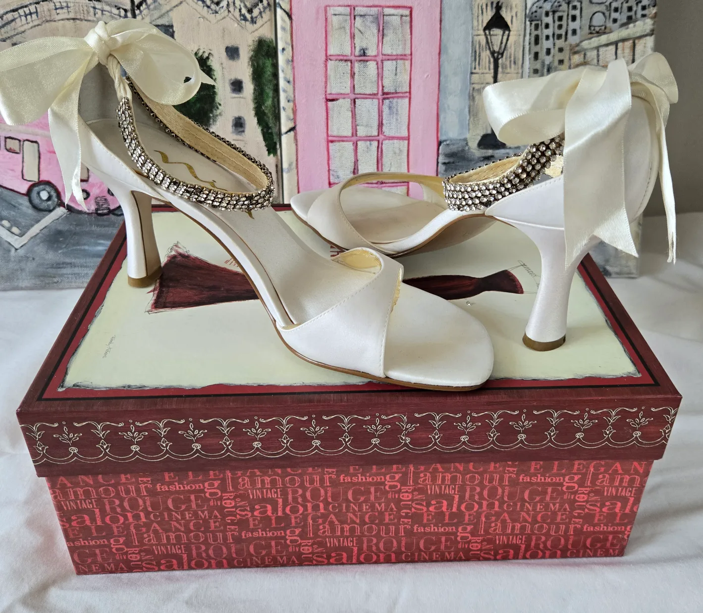 NINA White Satin Rhinestone Embellished Heels