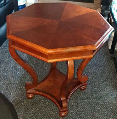 Octagon-shaped brown wooden end table thumbnail