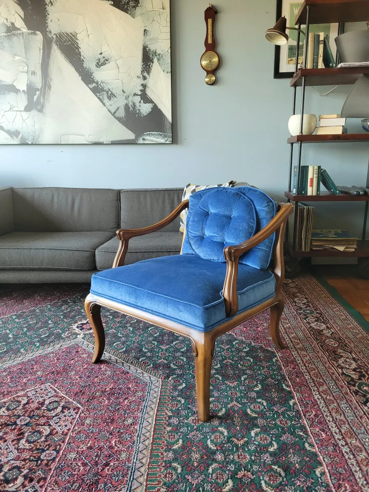 Vintage Louis XVI Blue Tufted Velvet Armchair thumbnail