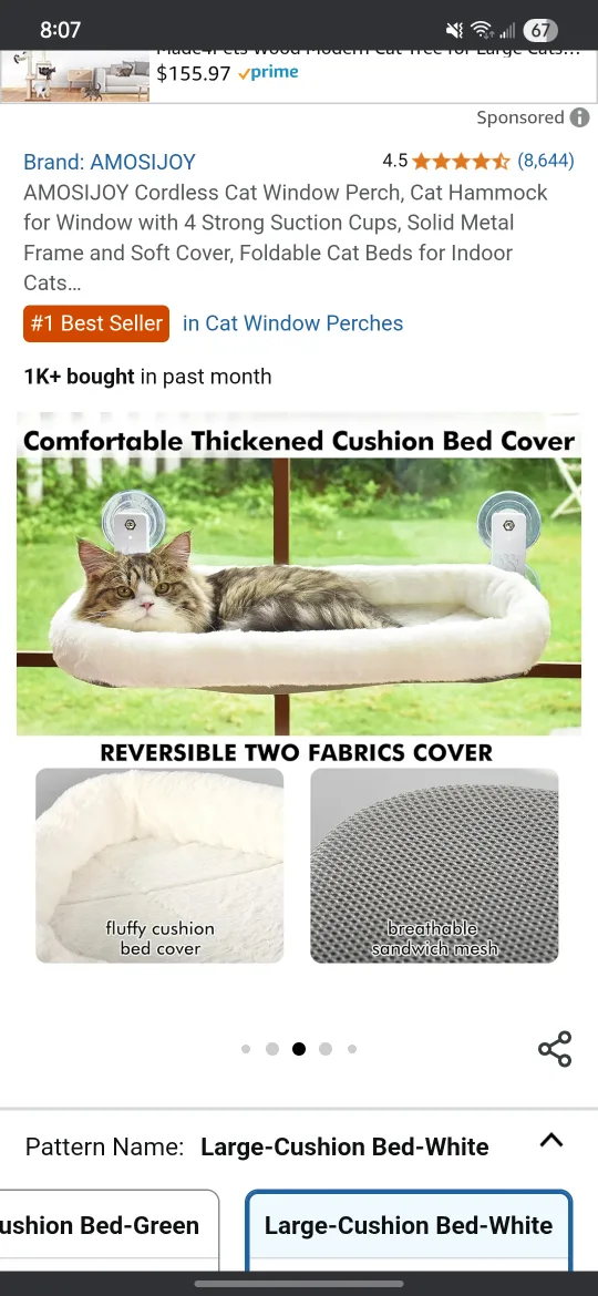 AMOSIJOY Cat Window Perch - Large Cushion Bed - White thumbnail