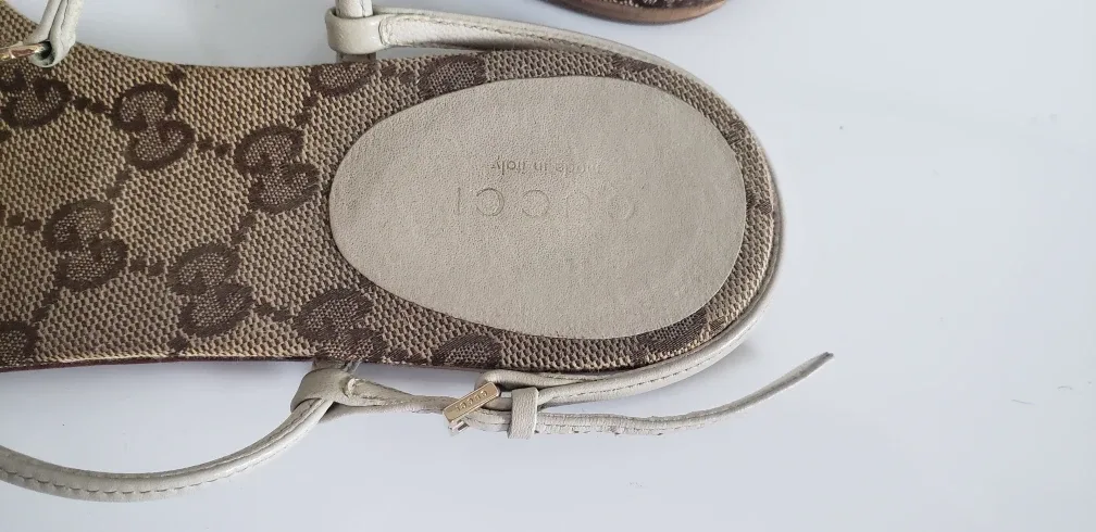 Gucci Monogram Leather Thong Sandals w Gold Heart Logo image indicator(7)