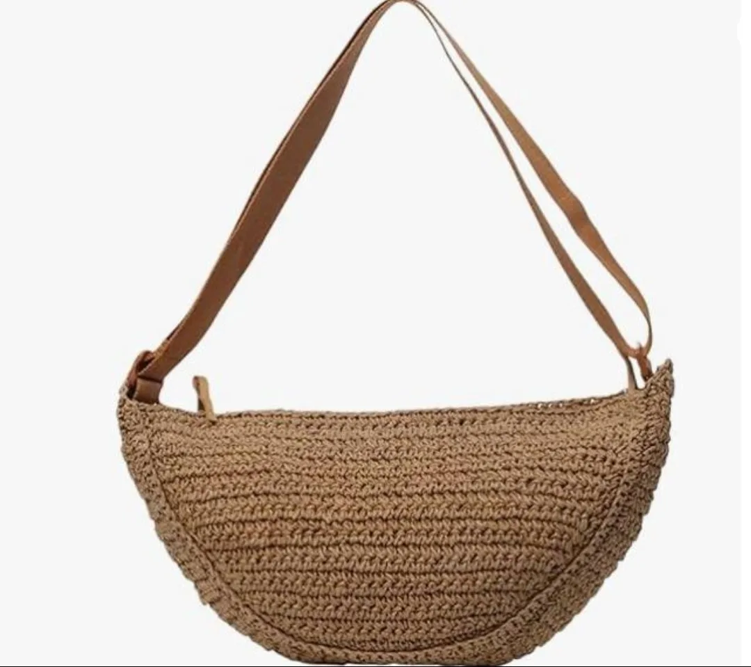 Straw Crossbody Bag, chic half moon bag with adjustable strap image indicator(5)