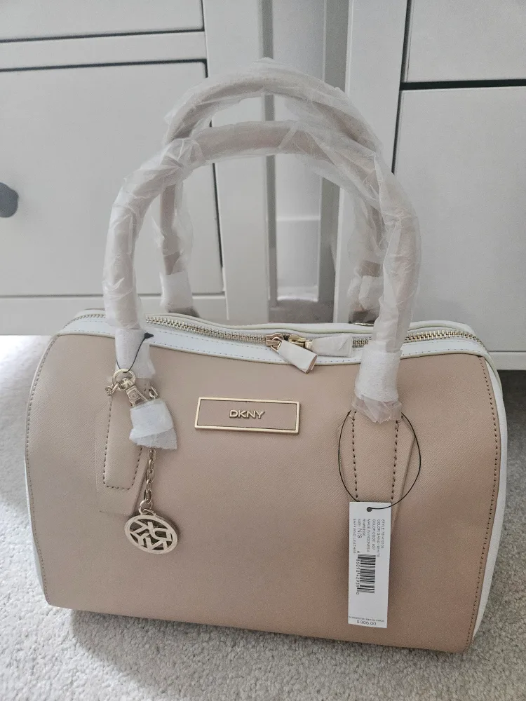 New DKNY Saffiano Leather Satchel - Sand/White thumbnail