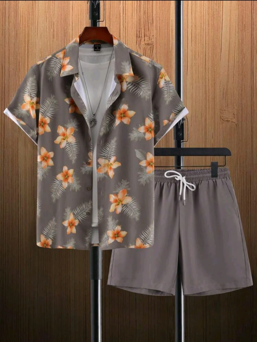 Shein Men Grey Tropical Print Shirt and Shorts Set - Size XL thumbnail
