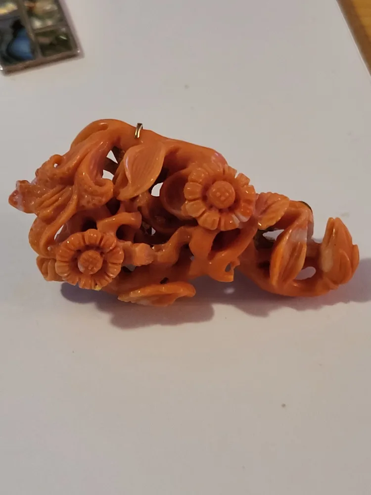 Vintage Carved Coral Brooch Gold Plated Silver thumbnail