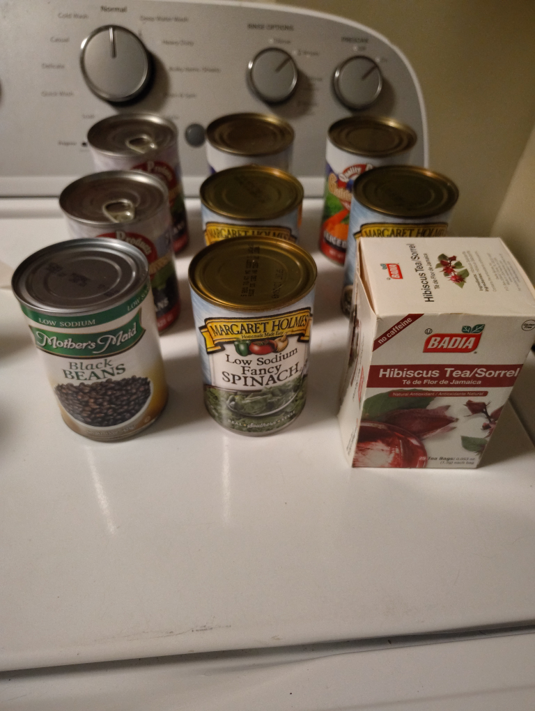 Canned Goods: Beans, Spinach, Hibiscus Tea