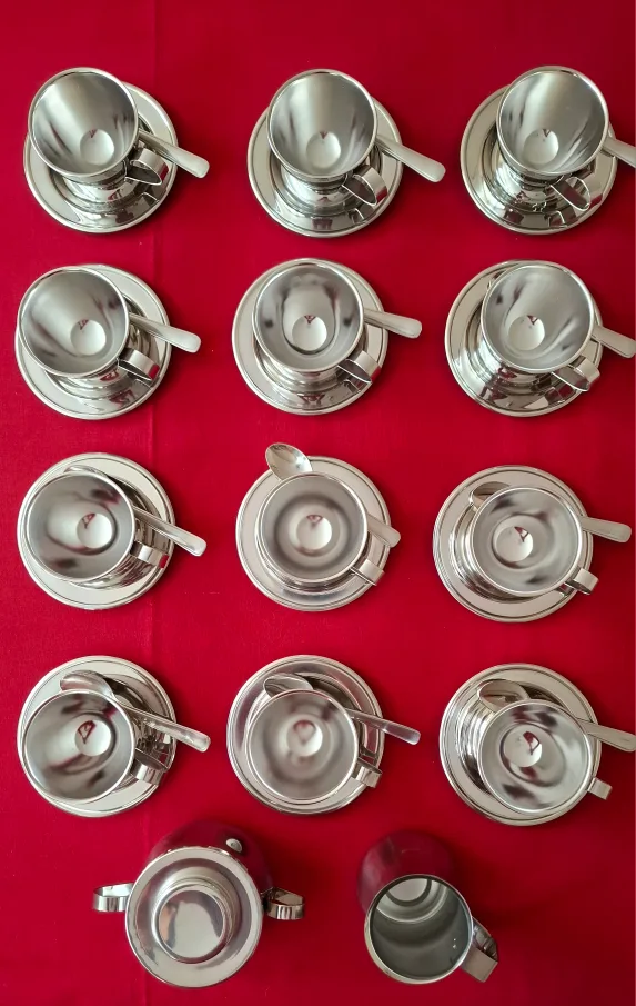 12 Stainless Steel Espresso Cups +Sugar Bowl +Creamer thumbnail