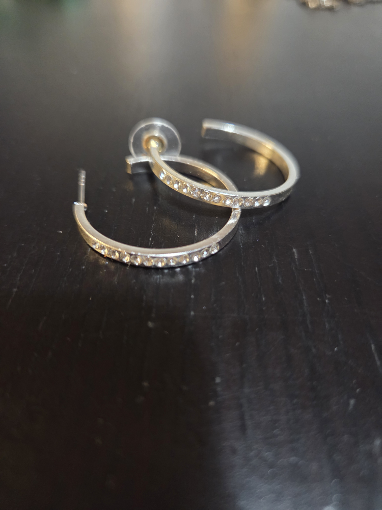 Silver Tone Hoop Earrings with Rhinestones