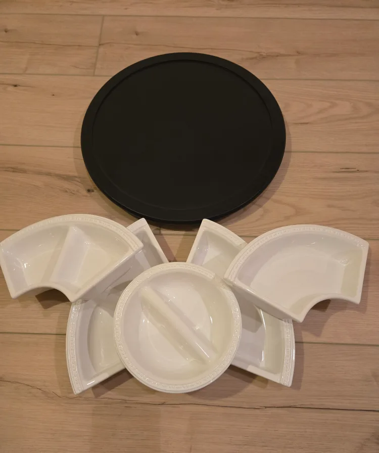 Lazy Susan Ceramic Serving Set with 5 pc on Wooden Rack image indicator(5)
