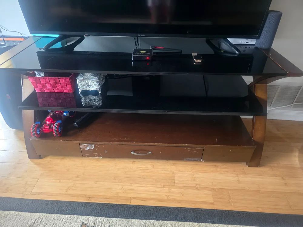 Used TV Stand with Glass Top & Wooden Frame image indicator(2)
