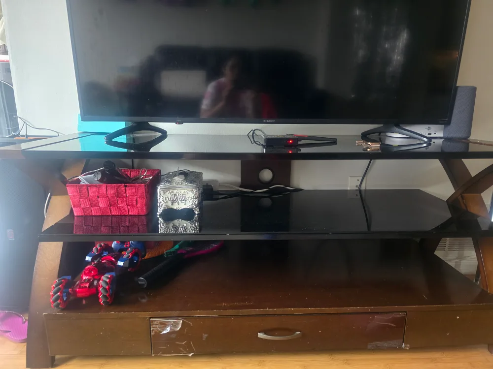 Used TV Stand with Glass Top & Wooden Frame image indicator(5)