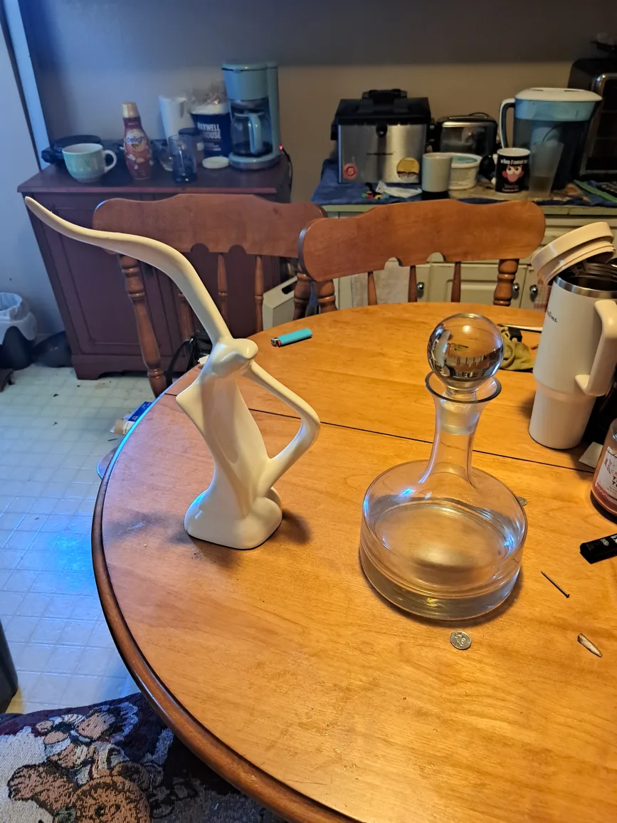 White Ceramic Bird Figurine and Glass Decanter thumbnail