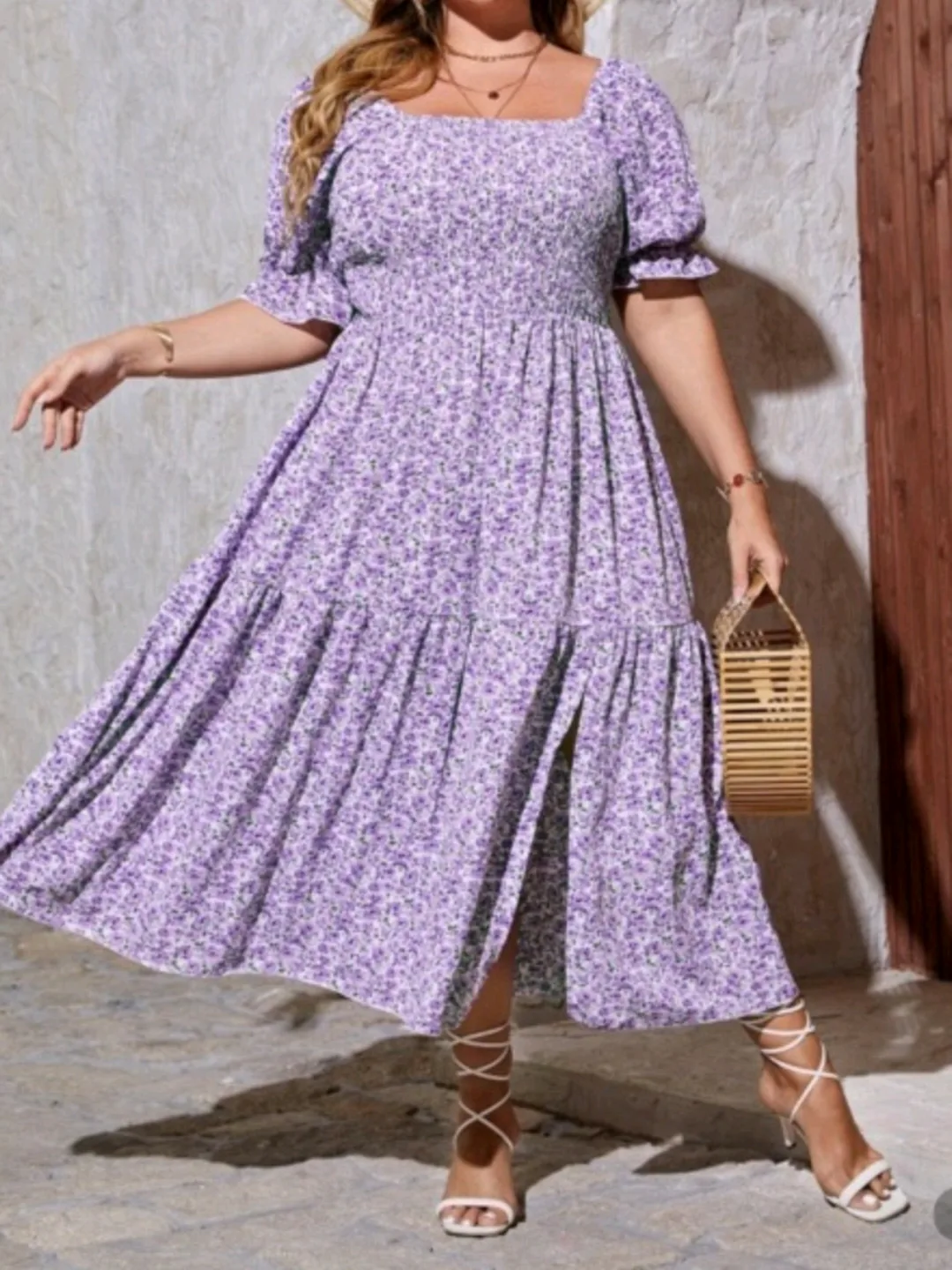 Floral Print Ruffle Sleeve Shirred Dress thumbnail