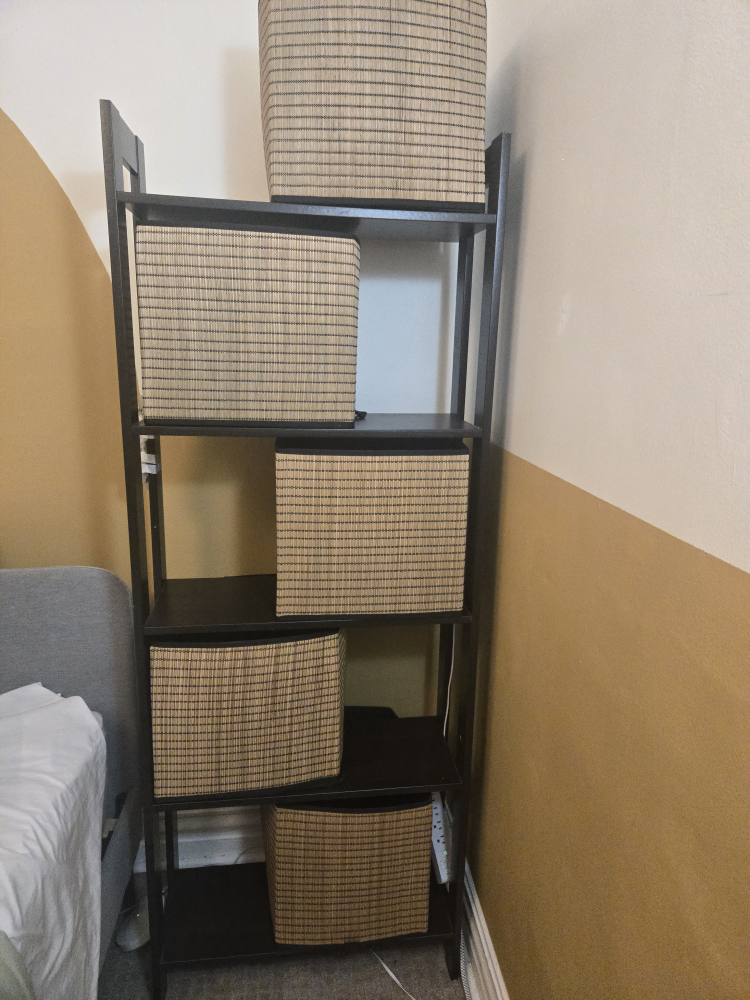 IKEA black wooden shelf with 6 bamboo boxes