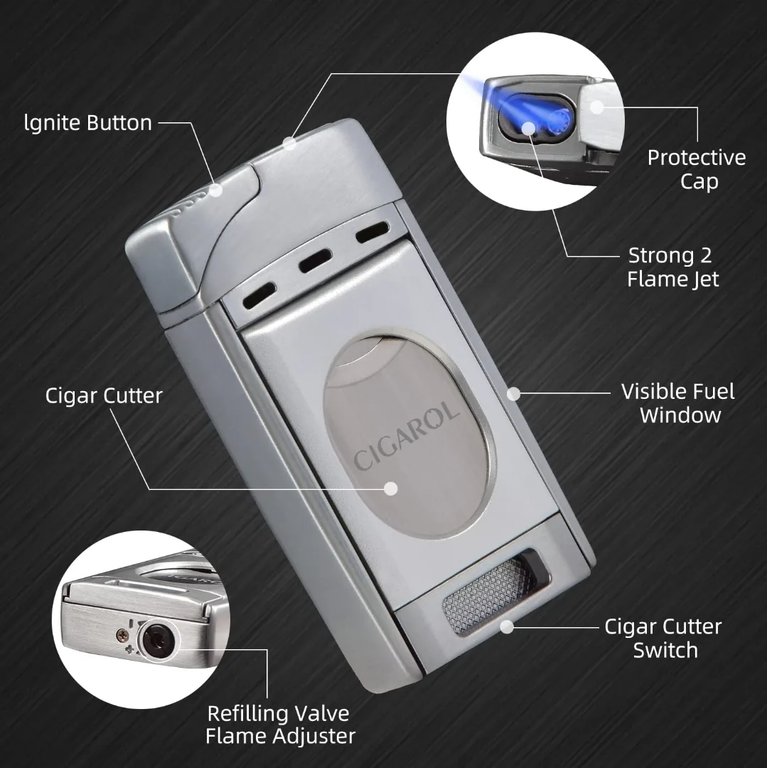 Cigarol Premium 2 in 1 Cigar Cutter & Jet Flame Lighter - Silver image indicator(6)