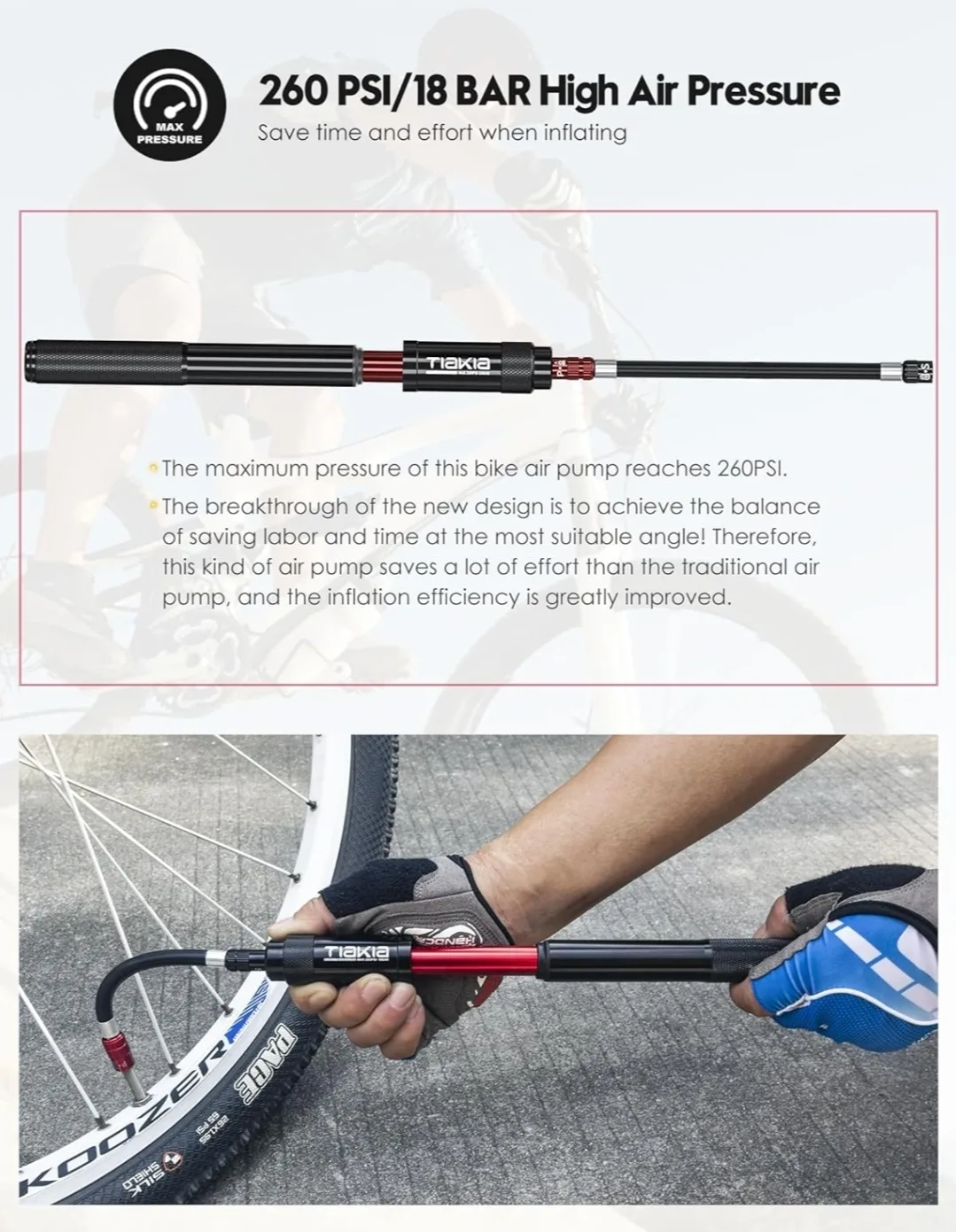 Tiakia Mini Bike Pump – 260 PSI High Pressure image indicator(6)