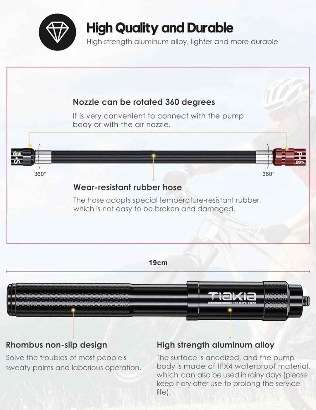 Tiakia Mini Bike Pump – 260 PSI High Pressure image indicator(7)