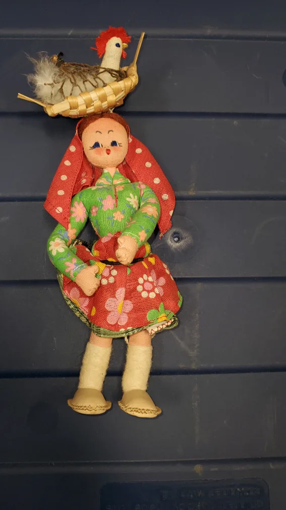 Vintage Folk Art Doll with Chicken Basket Hat from Portugal thumbnail