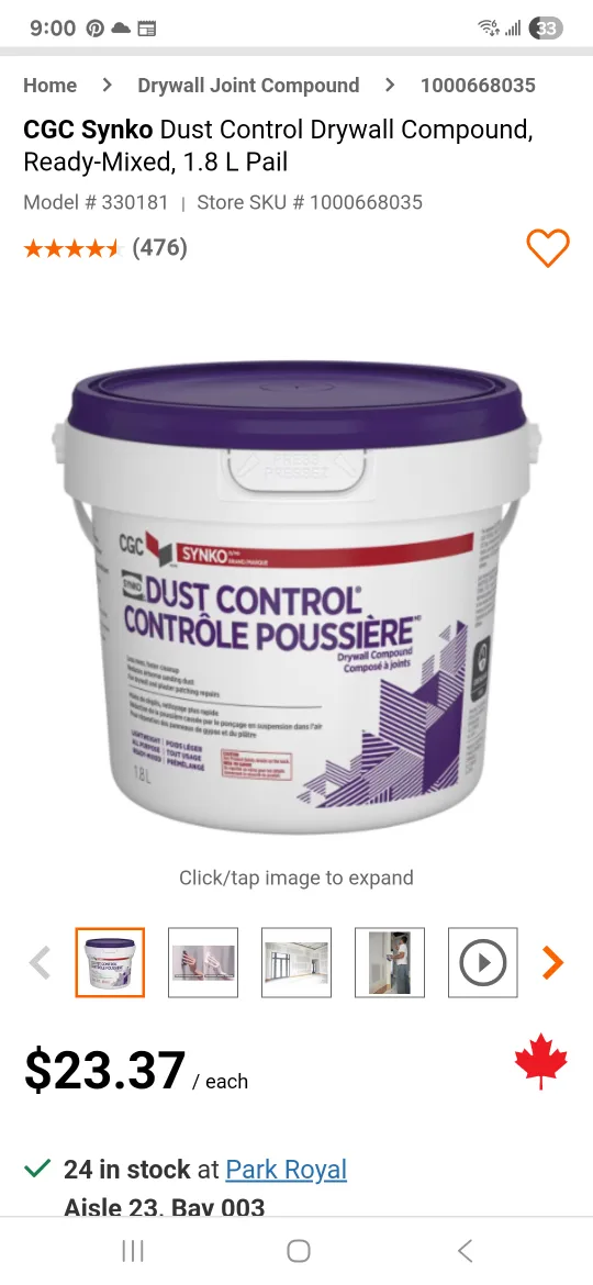 CGC Synko Dust Control Drywall Compound, 1.8L thumbnail