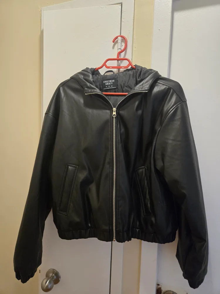 Streetwear Society Black Faux Leather Hooded Jacket - XL thumbnail