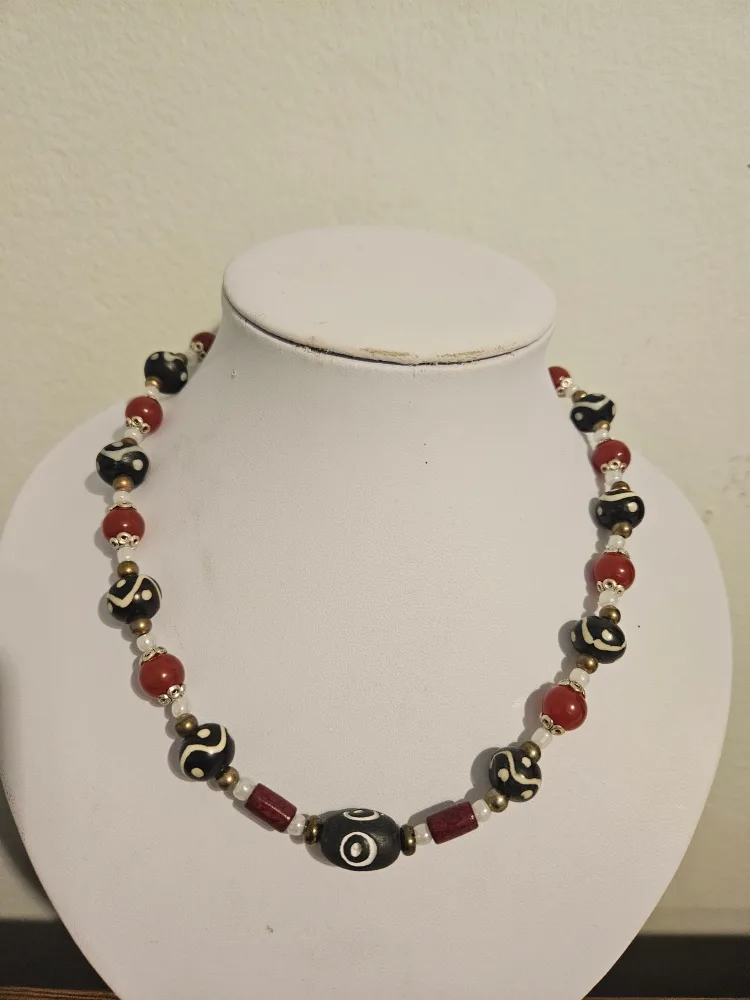 Beaded Necklace - Red, Black, White thumbnail