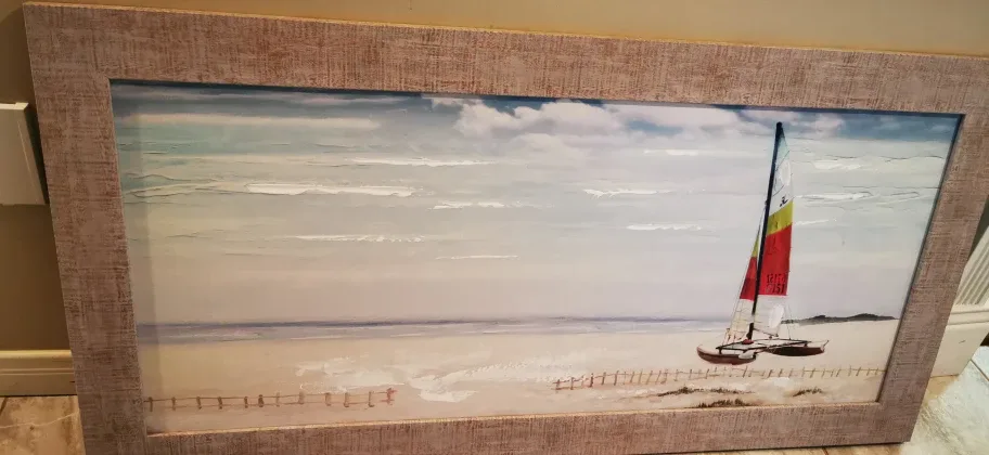 Framed Beach and Sailboat Painting thumbnail