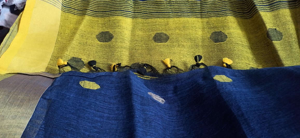 Yellow & Blue Cotton Saree.New 🍁