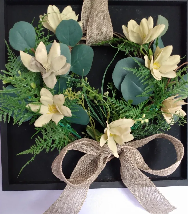 10" Grapevine Floral wreath on a wooden frame thumbnail