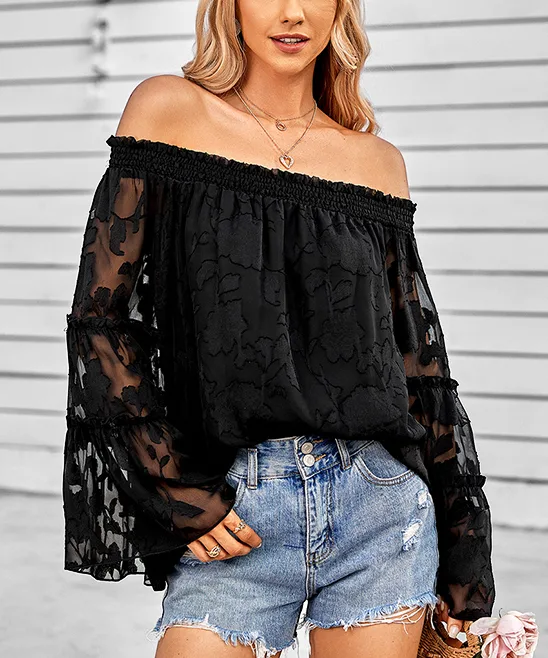 Off Shoulder Black Floral Blouse thumbnail
