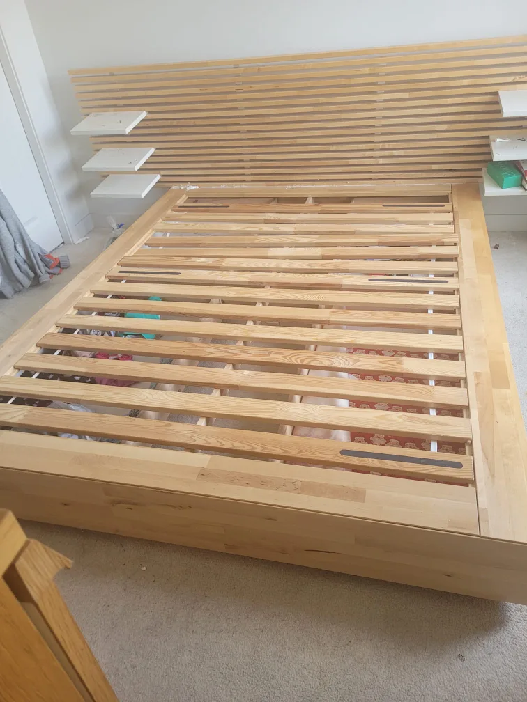Ikea Solid Wood Bed Frame with Headboard & Shelves thumbnail