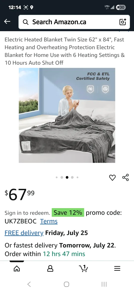 Electric Heated Blanket Twin Size 62" x 84" Gray thumbnail