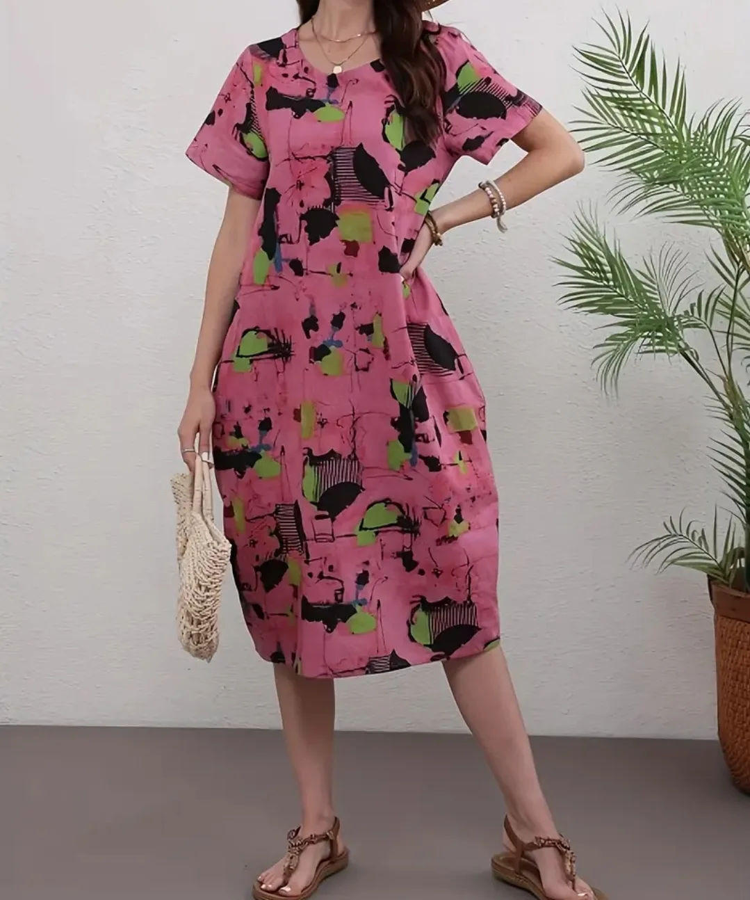 Pink Linen Print Tunic Dress thumbnail