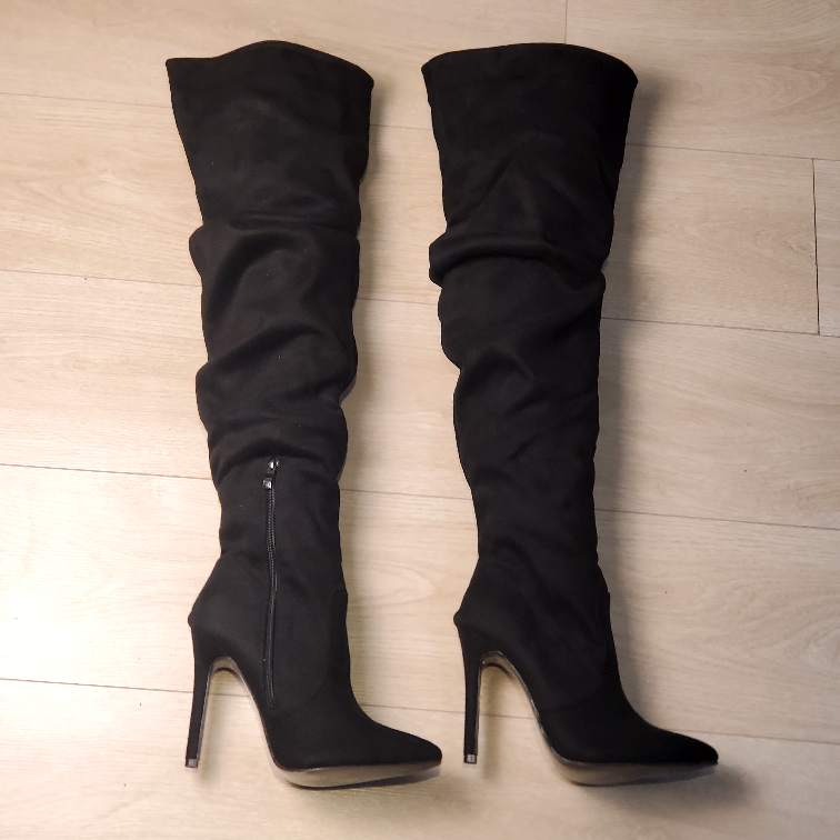 Black Thigh High Heel Boots, Size 39 - photo 2
