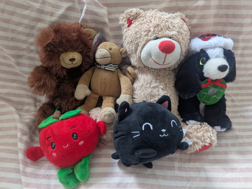 Assorted Plush Toys - Bear, Monkey, Apple, Cat, Dog thumbnail