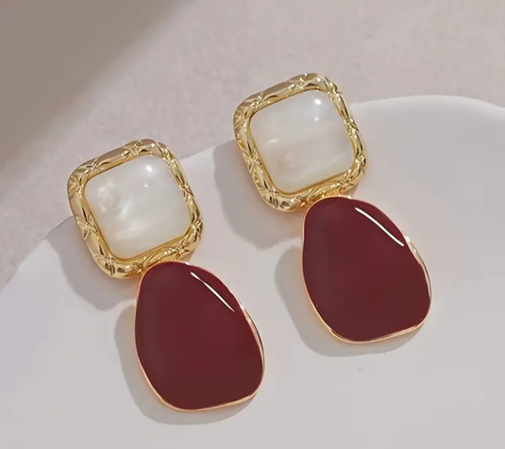 Stylish Two-Tone Drop Earrings - Gold & Burgundy