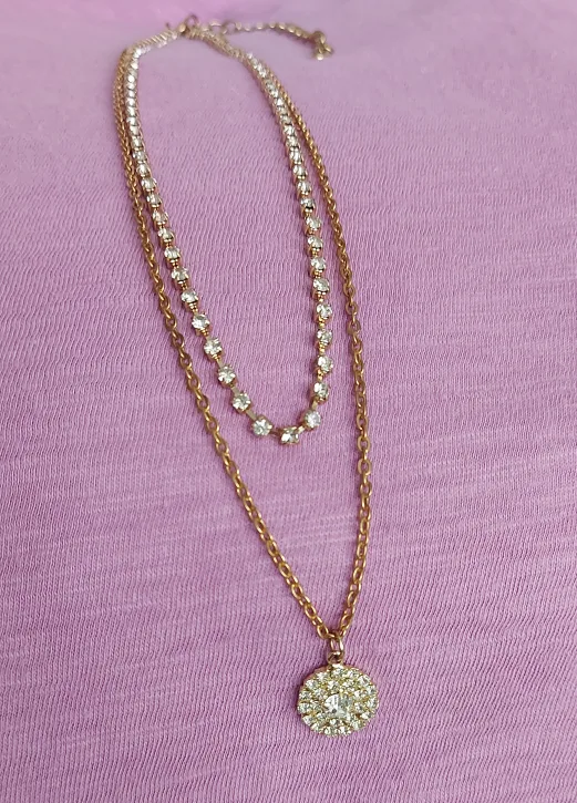 Gold Tone Layered Necklace with Rhinestones image indicator(3)