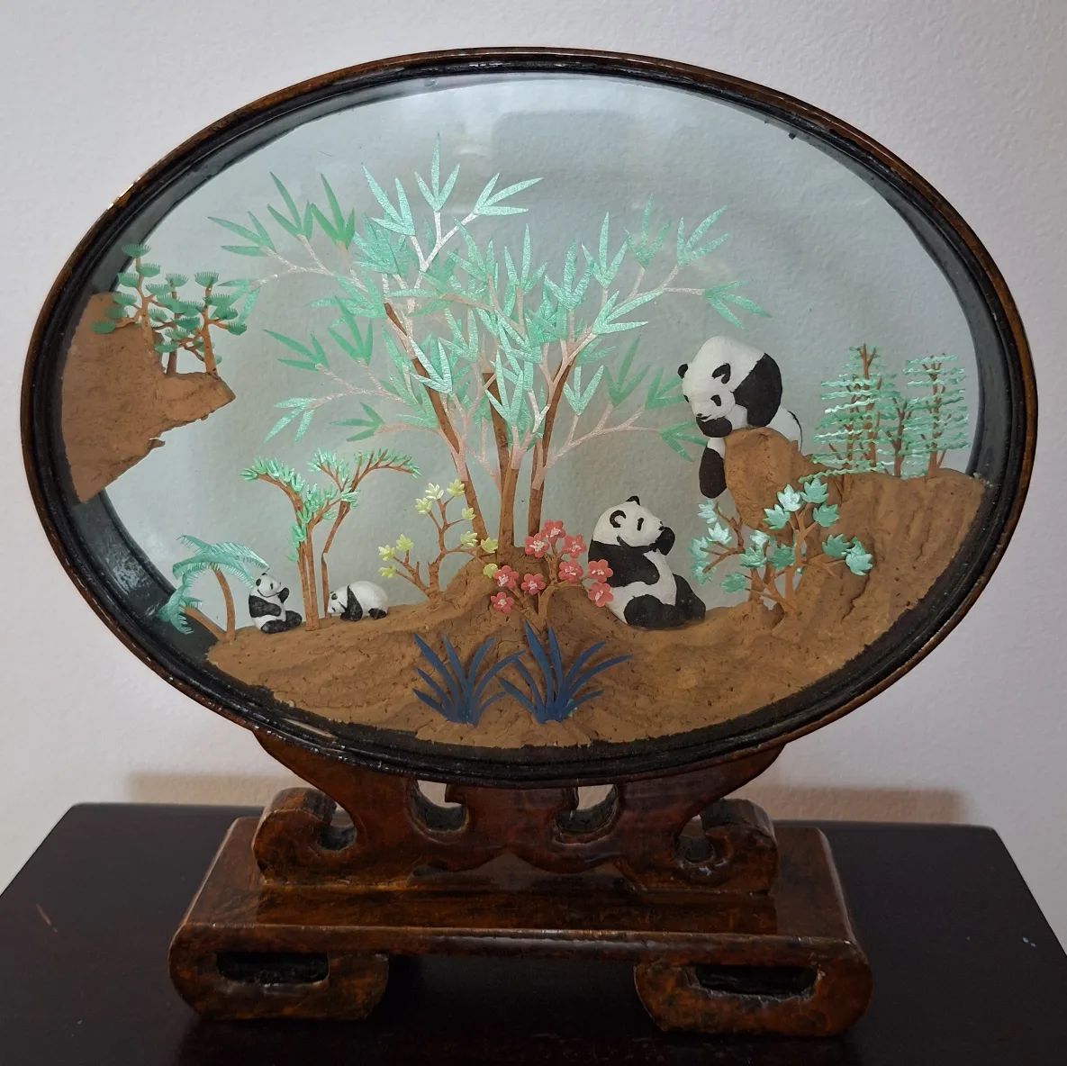 Vintage Asian Carved Cork Framed Glass Diorama thumbnail